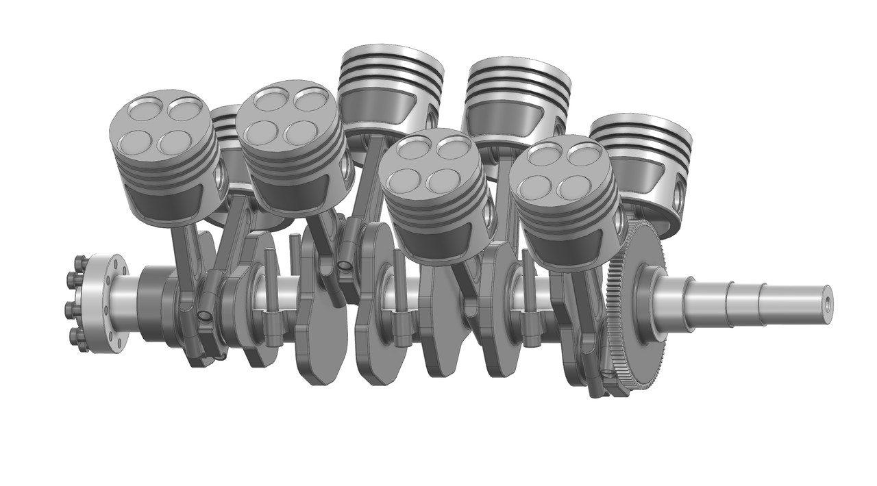 Shaded CAD assembly of pistons and connecting rods arranged around crankshaft components, with visible fasteners and shaft ends