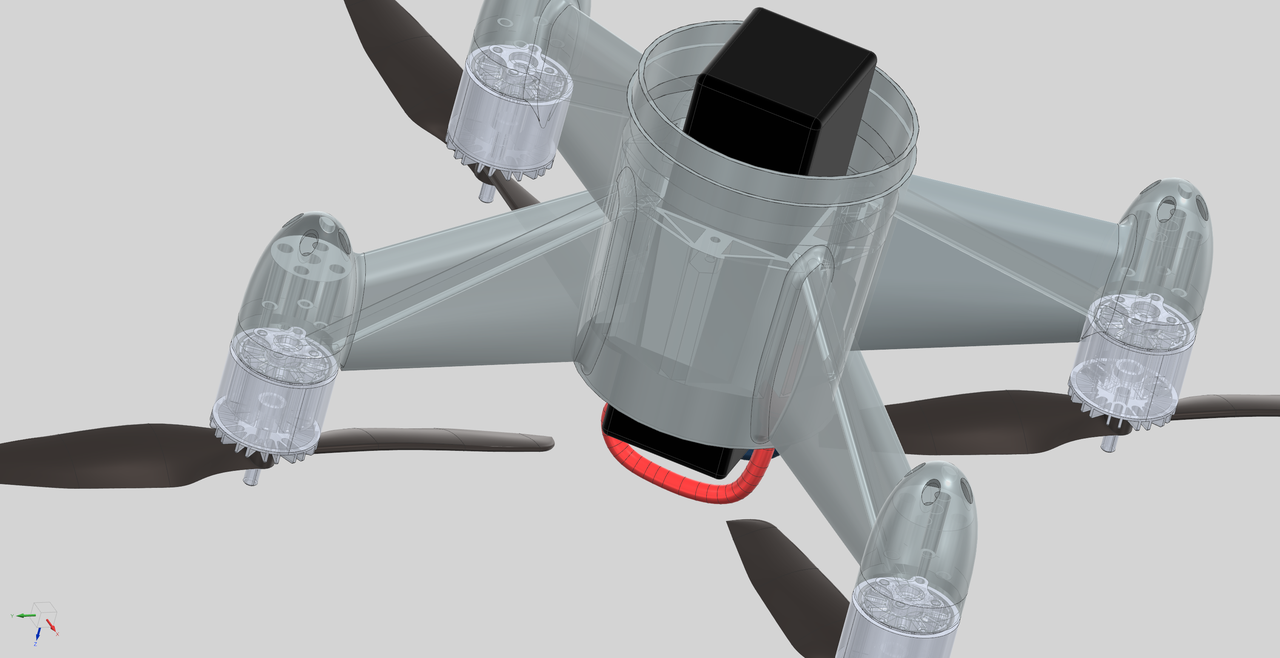 Transparent CAD layout with a central cylindrical body, radial arms, motor assemblies, propellers and equipment inside the body