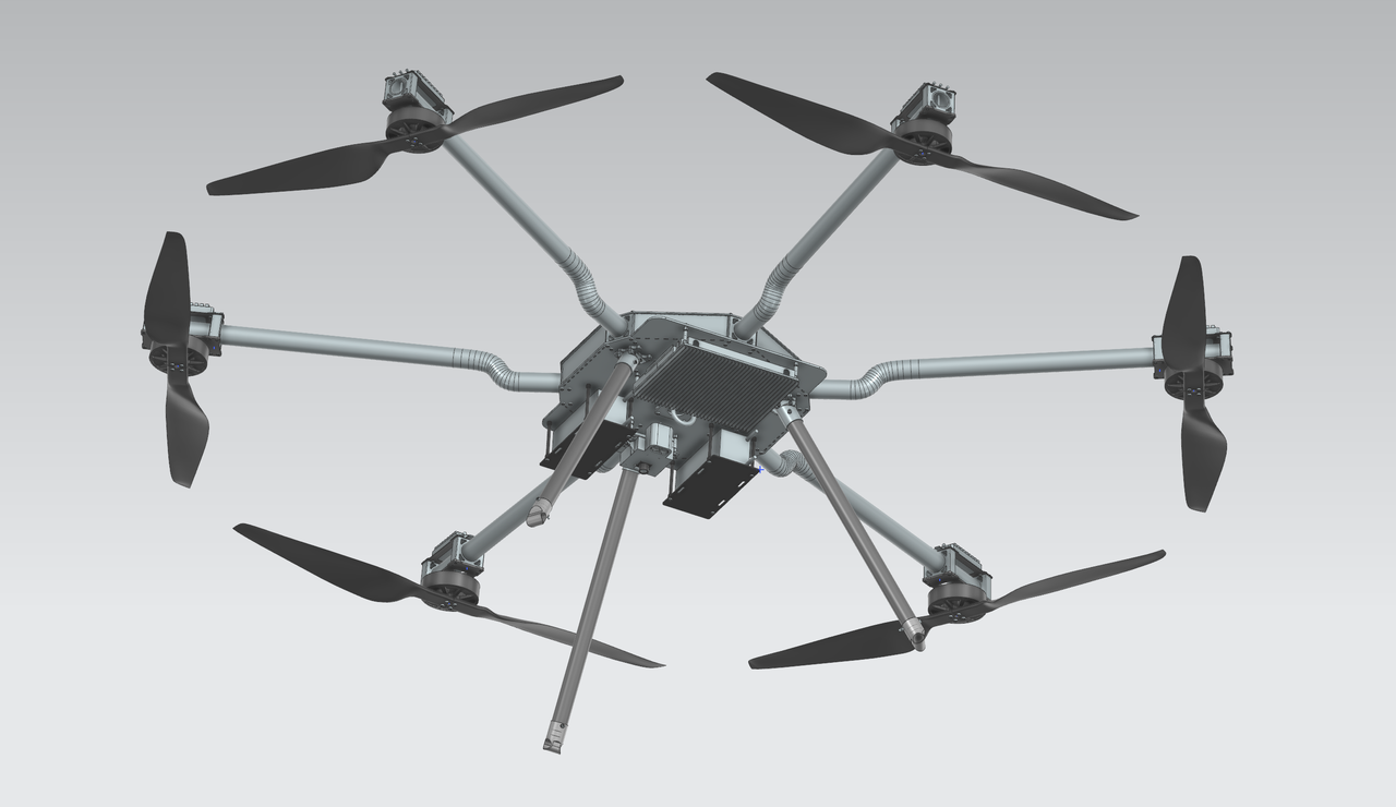 Schattierte CAD-Unteransicht eines UAV mit sechs Auslegern, Propellern, zentraler Plattenbaugruppe, angebauten Komponenten und Landestützen